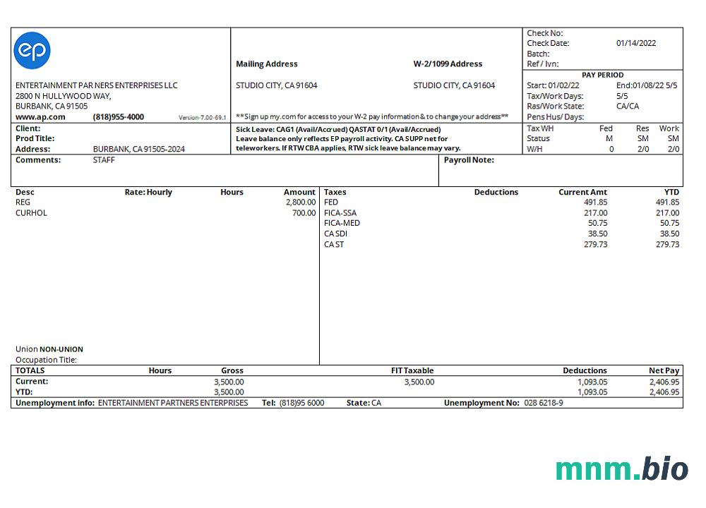 USA Entertainment Partners Enterprises financial company pay stub